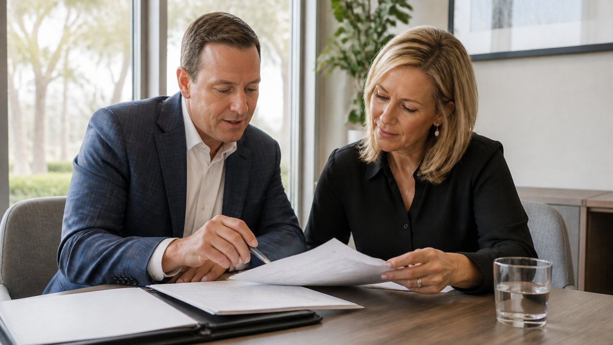 Financial advisor reviewing documents with a client to provide a premium estate planning experience in a modern office