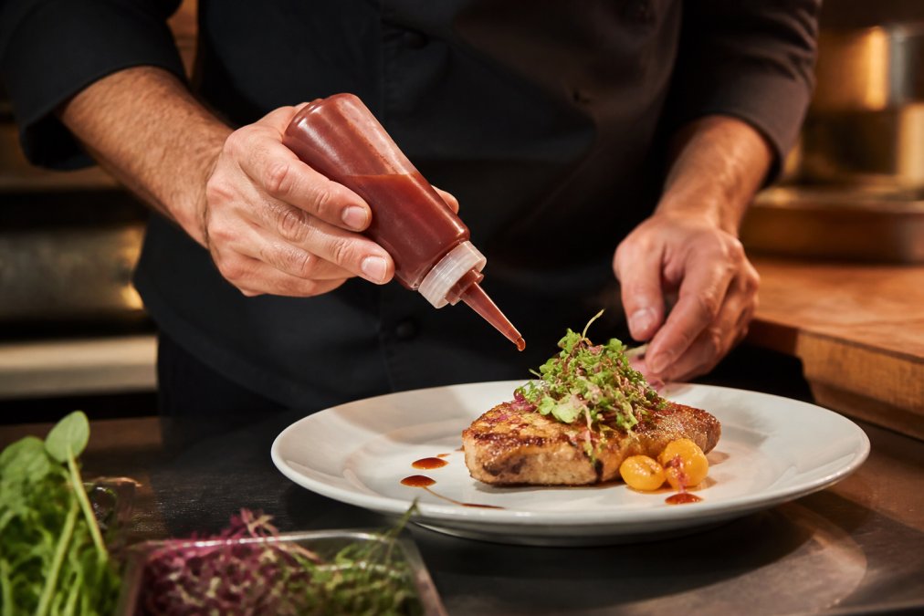 Chef's hands holding a squeeze bottle with fine nozzle, demonstrating precise application of sauce on a white plate with protein and microgreens, natural kitchen lighting
