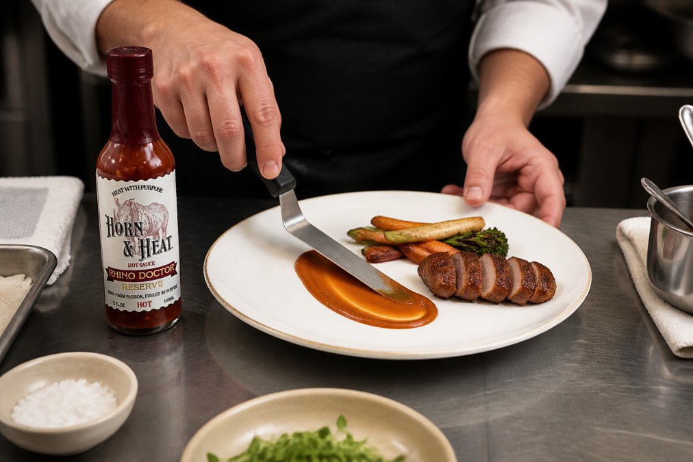 Hands demonstrating offset spatula technique creating smooth sauce smear across white plate with seared protein and roasted vegetables, professional kitchen lighting