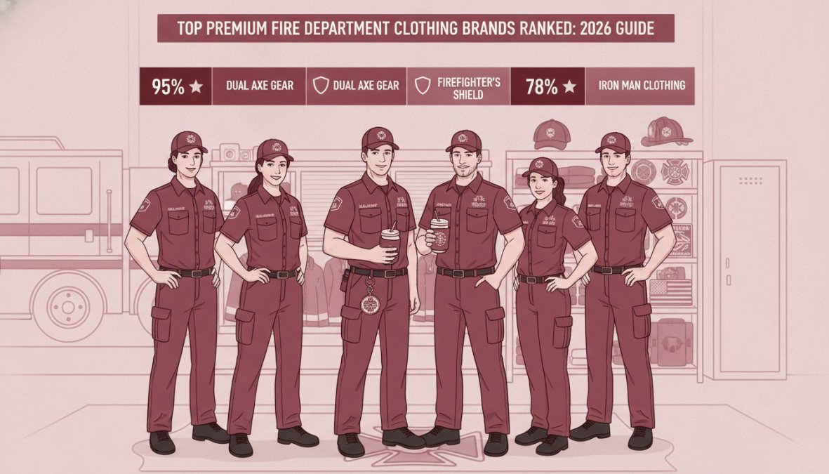 Group of firefighters in full station wear and premium branded apparel standing together in a firehouse bay, displaying authentic fire service pride and quality gear under warm station lighting