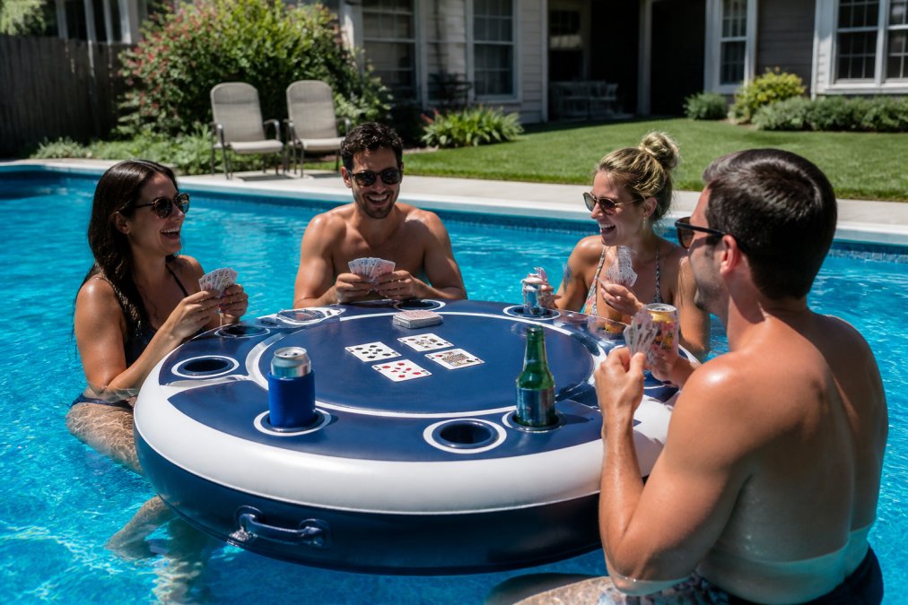 A bright, sunny backyard pool scene with adults laughing and playing cards around a floating inflatable game table, drinks resting in the built-in cup holders