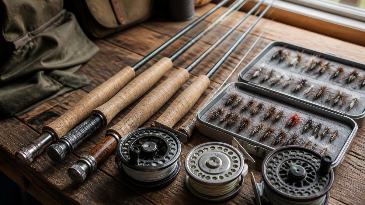 Close-up of premium fly rods, reels, and fly boxes arranged on a wooden workbench with natural light, showing craftsmanship details and wood grain textures