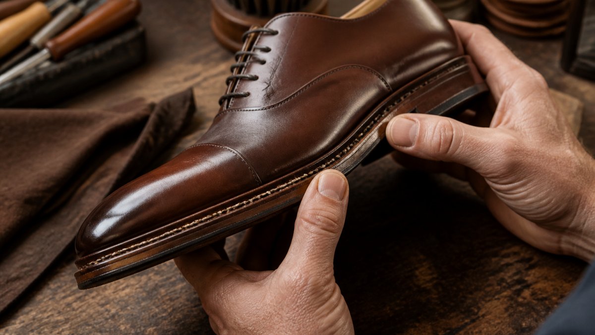 Hands inspecting the stitched welt and leather grain of a brown dress shoe on a wooden workbench