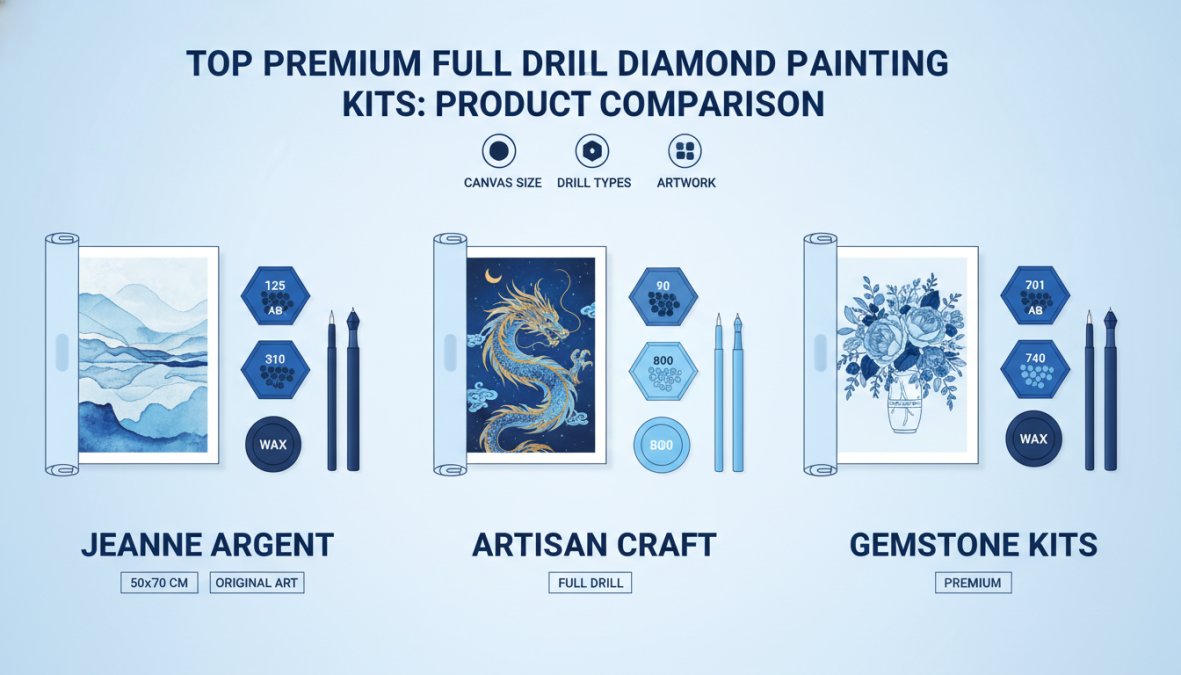 Flat lay arrangement of premium diamond painting kits displaying canvases, diamond trays in organized compartments, specialized applicator pens with ergonomic grips, wax caddies, and tweezers from multiple premium brands arranged together
