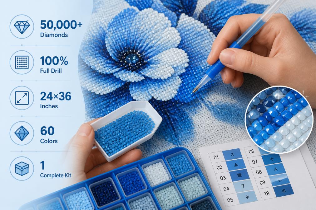 Close-up of hands placing colorful resin diamonds on a canvas with a diamond applicator pen, showing completed sections with high sparkle and detail, natural lighting from above
