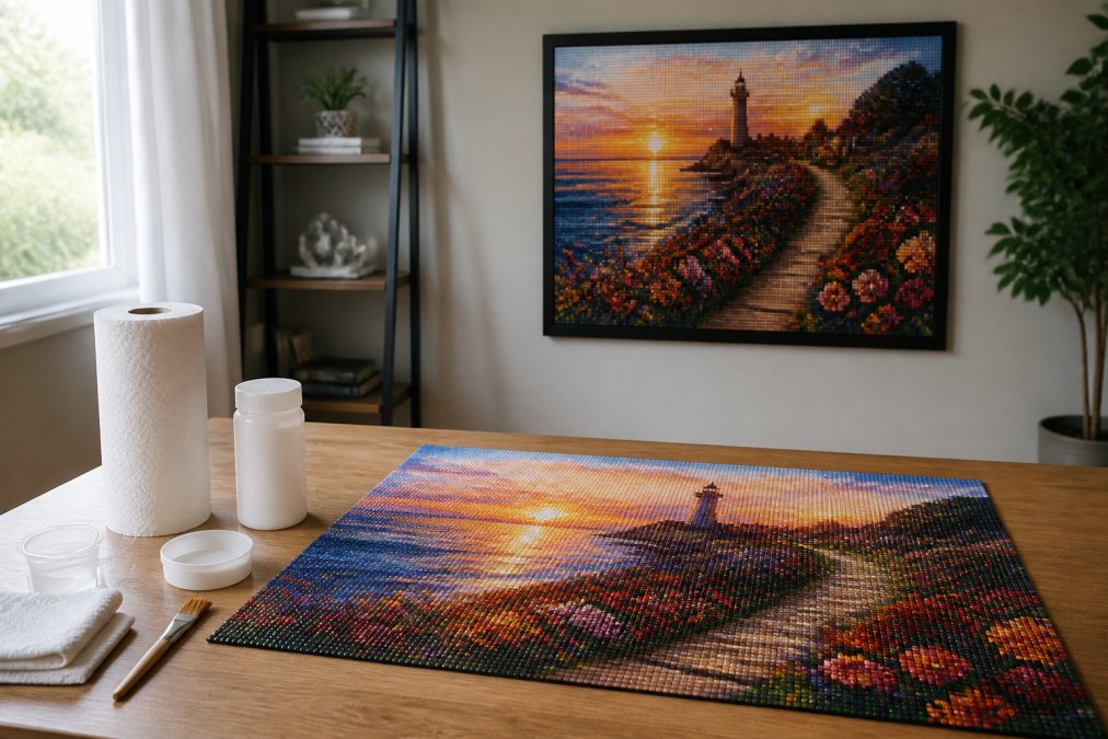 A completed diamond painting artwork displayed on a wall in home decor setting, showing finished masterpiece with vibrant sparkle and color depth, natural daylight illuminating the piece