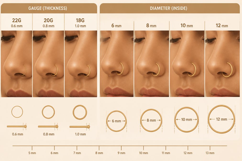 Close-up of a woman's nose showing a delicate 14K gold hoop in different sizes side-by-side to illustrate gauge thickness and diameter variations