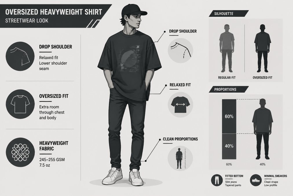 Model wearing an oversized heavyweight graphic tee styled casually with fitted dark jeans and minimal sneakers, showing how the relaxed fit and drop shoulder create an intentional streetwear silhouette with clean proportions