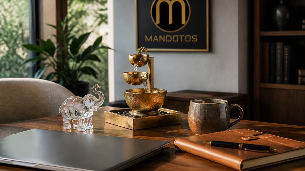 A styled home office desk in warm daylight, with a small crystal elephant sculpture and a gold tabletop fountain beside a laptop, a leather notebook, and a ceramic mug, shot from a slight angle to show texture and material detail