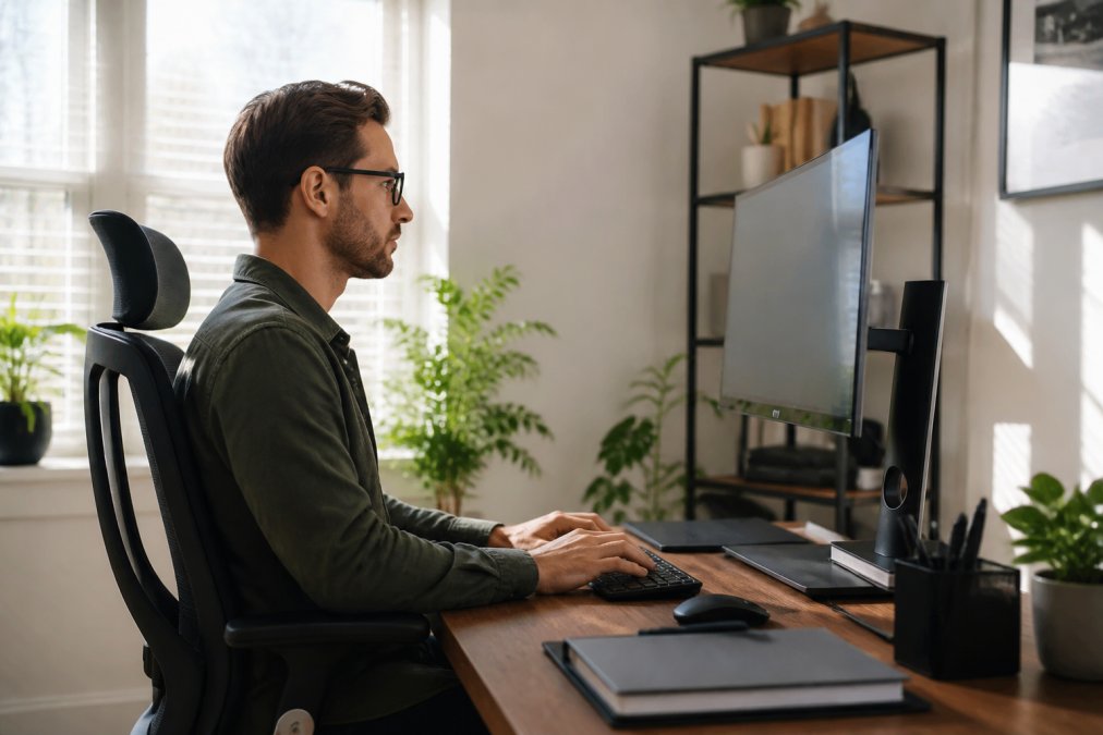 Professional working at desk with high-resolution monitor positioned at eye level, proper ergonomic alignment, natural office lighting from side, modern workspace