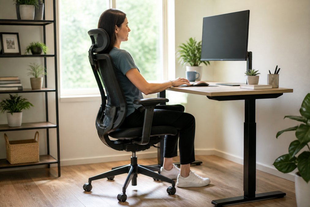 Professional sitting in ergonomic office chair at standing desk with proper posture, back support visible, monitor at eye level, organized workspace with natural lighting