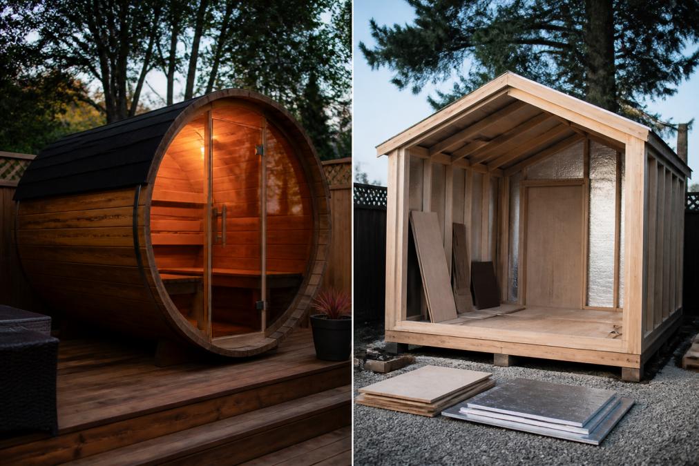 A cedar barrel sauna installed on a wooden deck in a backyard, with a glass front door reflecting warm interior light at dusk