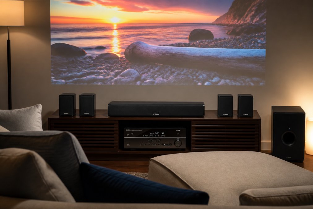 Living room with a bright projected image displayed on a white wall, a soundbar positioned beneath, comfortable seating in the foreground, and ambient lighting showing a complete home theater setup in action
