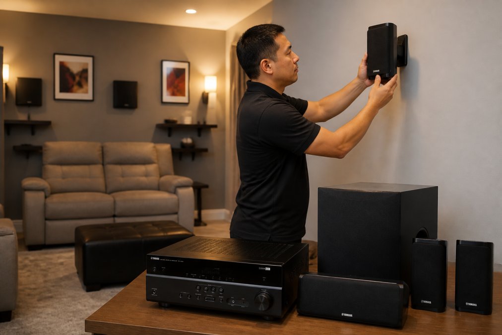 Person adjusting a wall-mounted speaker in a media room with other speakers visible in the background, demonstrating proper speaker positioning and surround sound setup