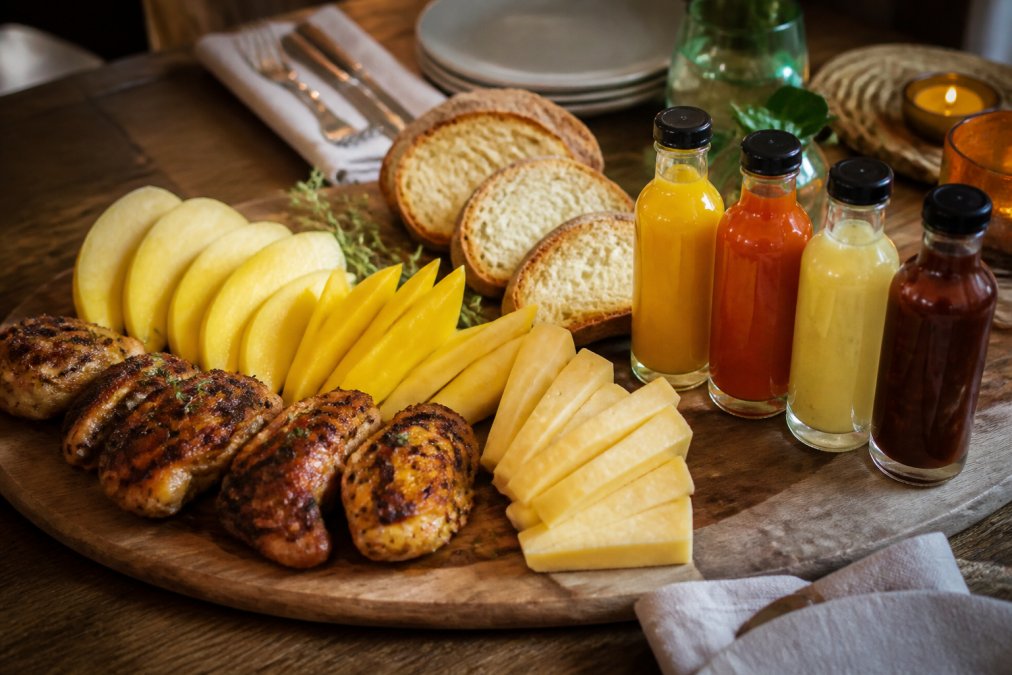 A spread of grilled chicken thighs, sliced mango, aged cheddar wedges, and crusty sourdough on a large wooden board, with four small artisanal hot sauce bottles placed alongside in a warmly lit dinner table setting
