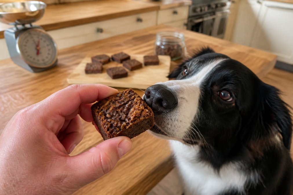A dog eagerly sniffing a handmade liver brownie treat held in a human hand on a kitchen counter