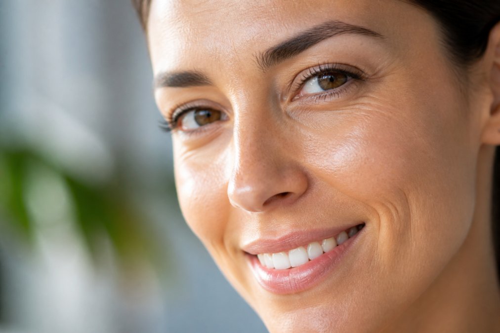 Close-up of woman's face showing radiant, hydrated skin with visible skin texture and natural glow under soft natural lighting
