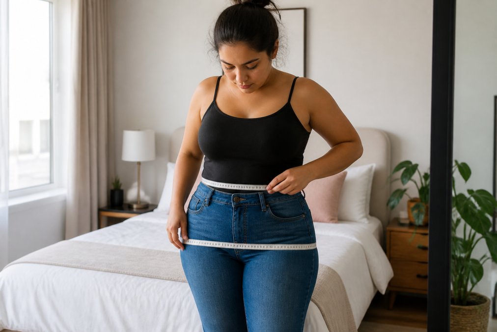 A woman measuring her waist and hips with a soft tape measure in a bright bedroom, wearing fitted jeans, demonstrating self-measurement for a curvy figure