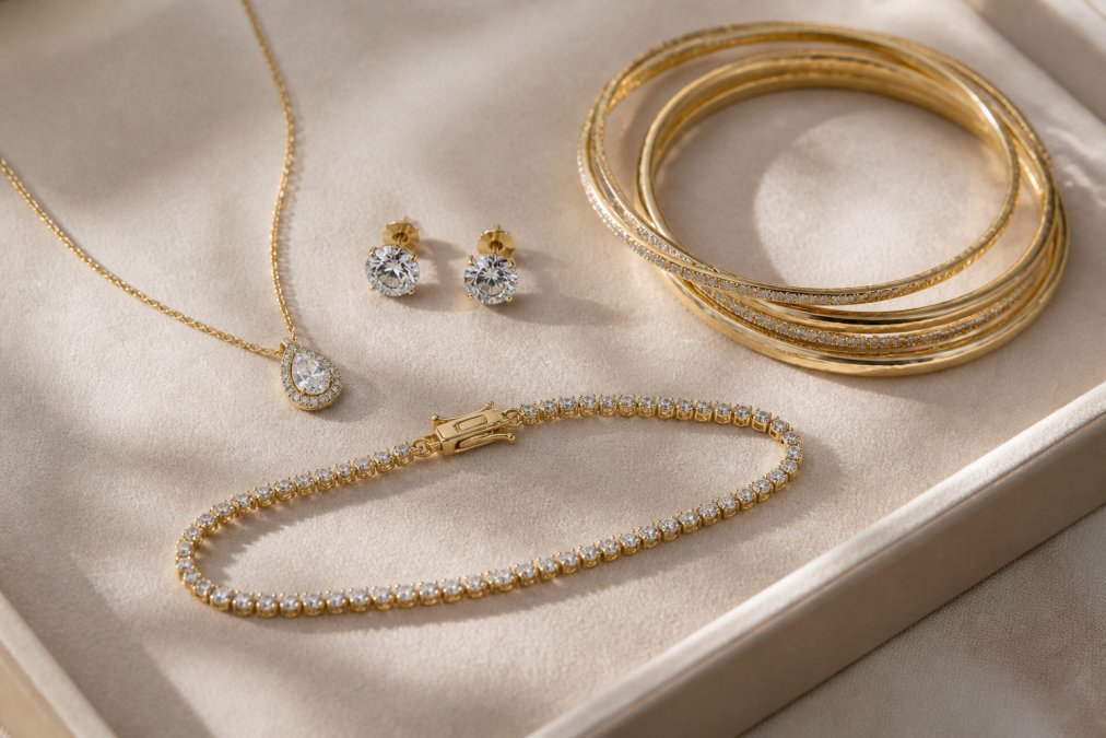 A flat-lay arrangement of fine jewelry pieces including a pendant necklace, diamond stud earrings, gold bangles, and a tennis bracelet on a soft ivory velvet surface with warm natural light