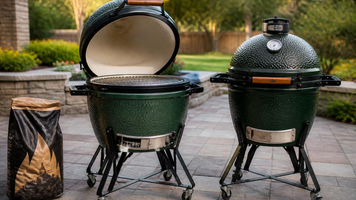 A premium ceramic kamado grill on a backyard patio with its lid open, showing the cooking grate, firebox, and a bag of lump charcoal nearby in warm afternoon light