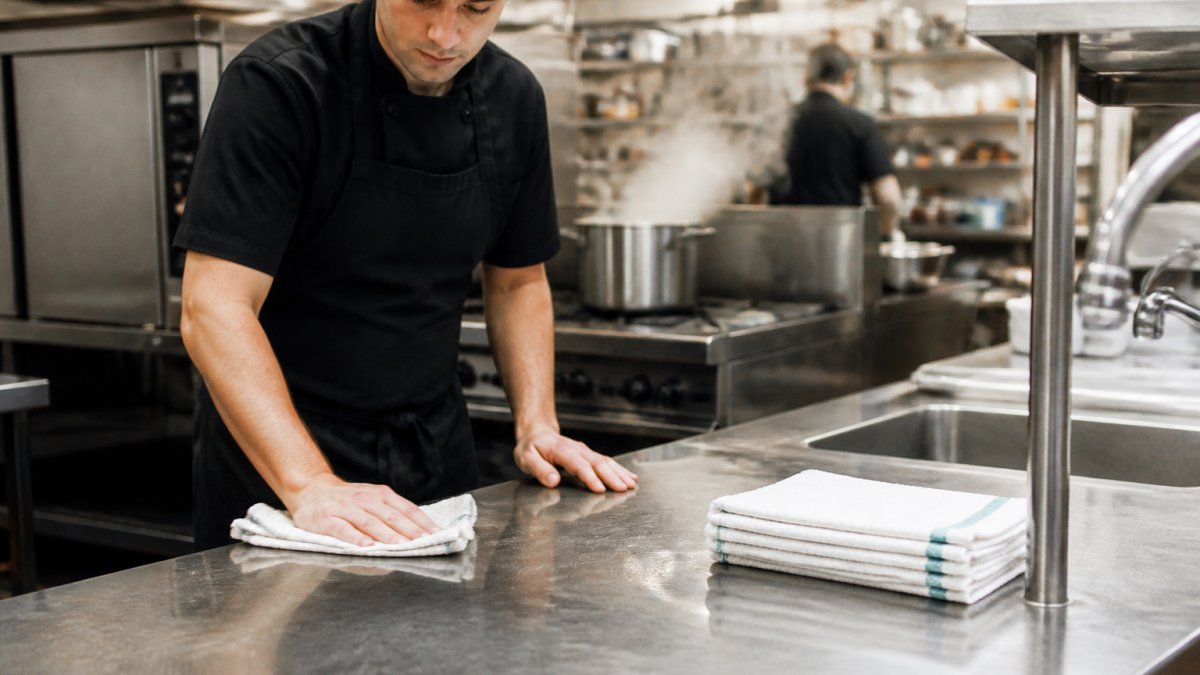 A kitchen porter wiping down a stainless steel prep counter in a busy commercial kitchen, folded cotton bar mop towels stacked beside a sink, steam rising from a pot in the background
