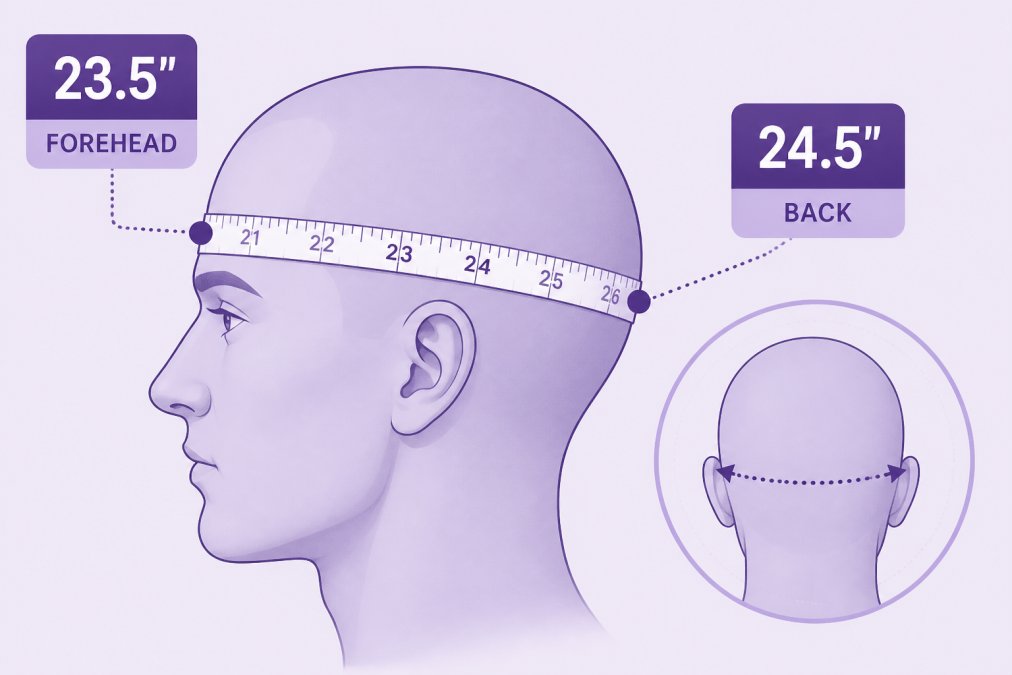 Diagram showing a measuring tape wrapped around a head from the forehead to the back of the skull, with labels indicating measurement points at 23.5 inches and 24.5 inches