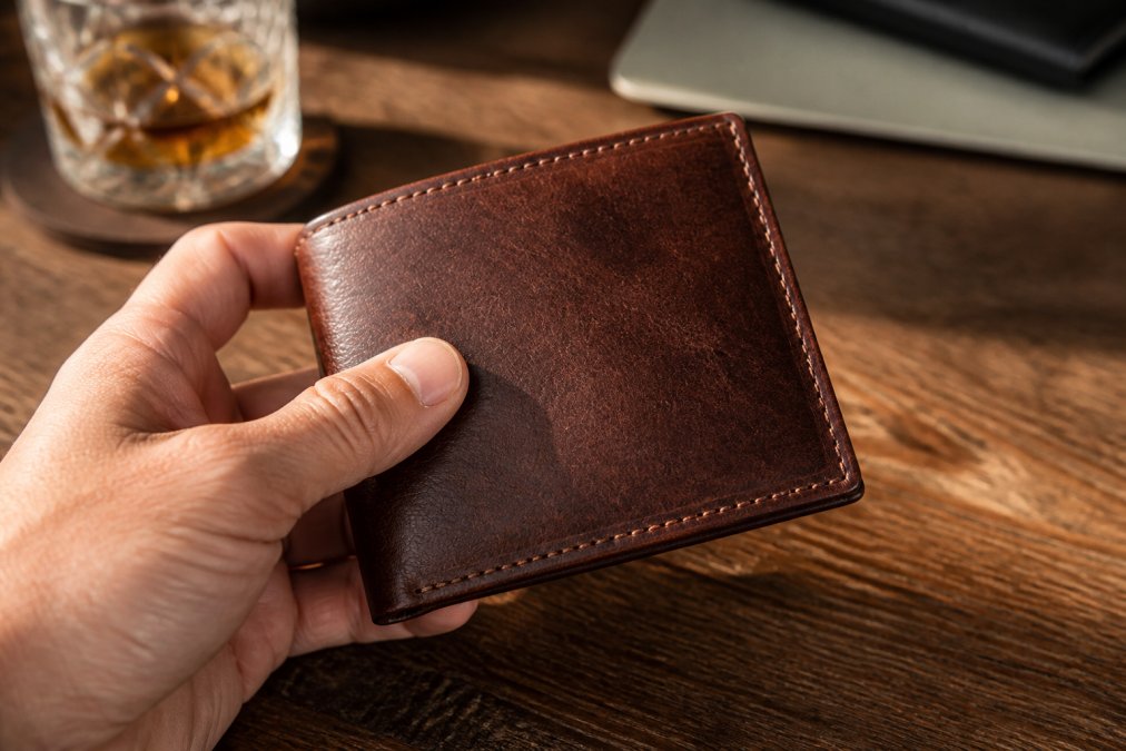 Close-up of a man's hand holding a rich brown full-grain leather bifold wallet, with visible grain texture and precise stitching, set on a wooden table in warm afternoon light