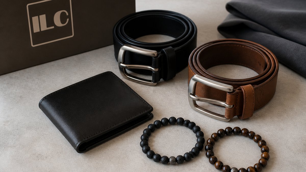 Flat lay of premium leather accessories including black and brown belts, bifold wallet, and natural stone bracelets arranged on neutral surface with soft diffused lighting, showing coordinated gift set presentation and leather texture details