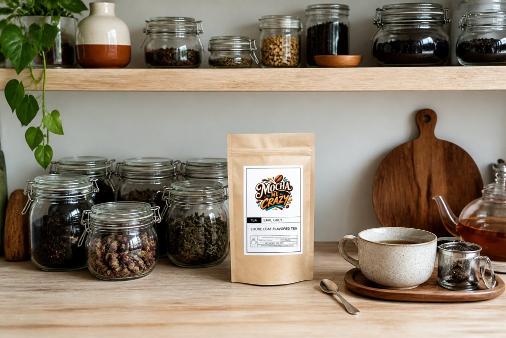 Organized collection of glass jars and containers holding different loose leaf teas on a kitchen shelf, labeled clearly, with natural lighting