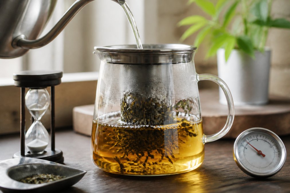 Close-up of loose leaf tea steeping in a glass infuser with hot water being poured, showing tea leaves unfurling and releasing color, with a brewing timer and thermometer visible on a wooden surface in natural morning light
