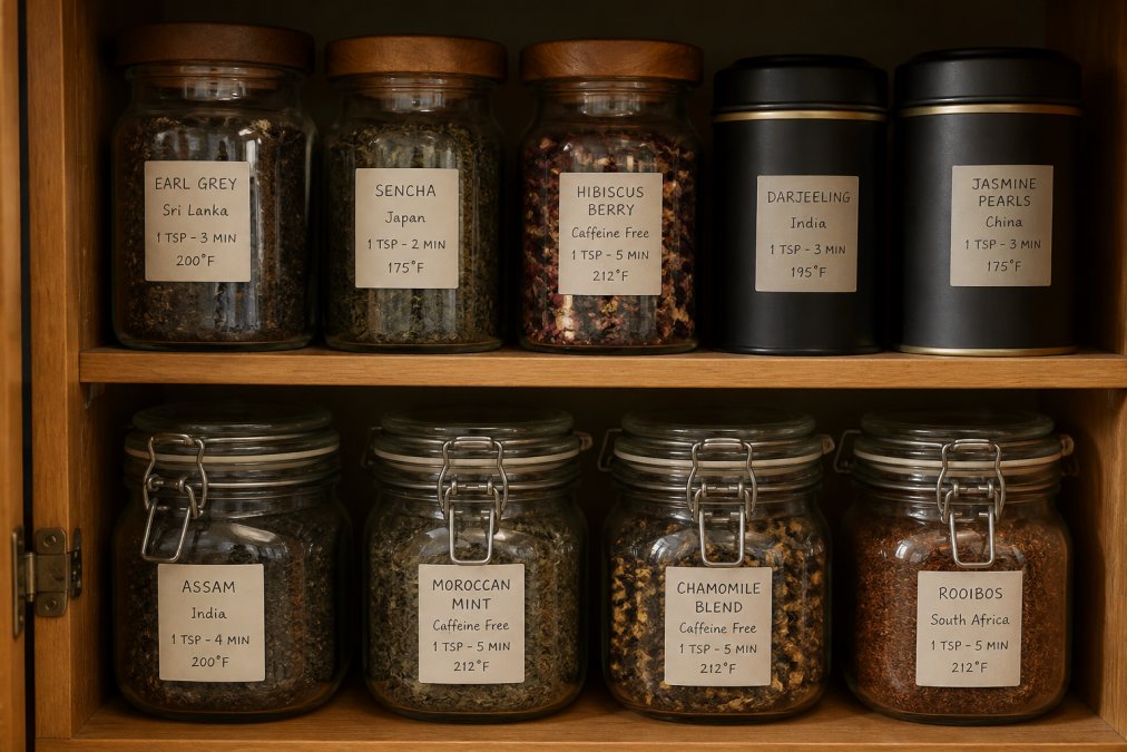 Organized collection of premium loose leaf teas stored in clear glass jars and airtight containers on a wooden shelf, with handwritten labels showing tea names, origin, and steeping instructions, in a cool, dry cabinet away from sunlight