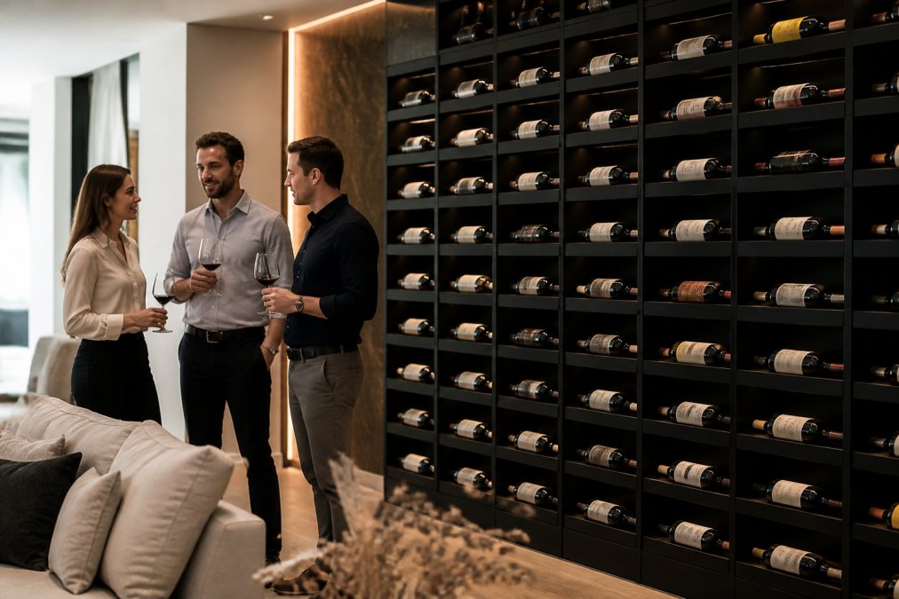 Sophisticated modern living room featuring a floor-to-ceiling matte black modular wine wall with bottles arranged label-forward, soft ambient lighting highlighting the contemporary finish against neutral cream and gray interior design, wooden flooring visible