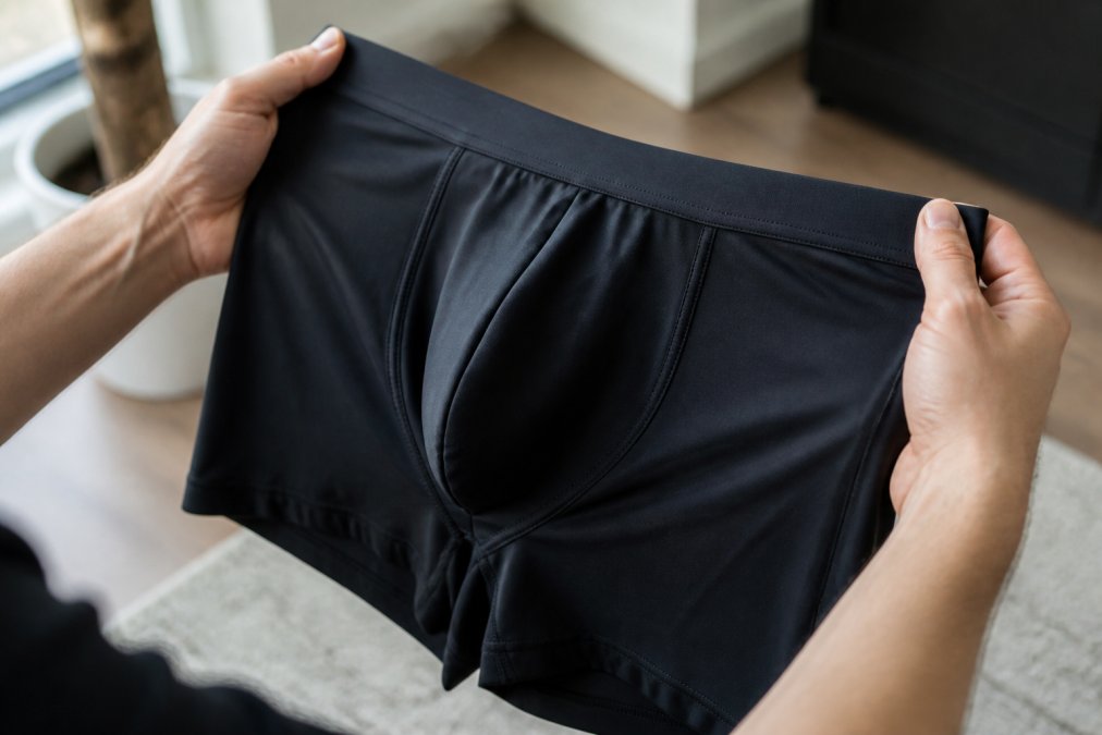Close-up of a man's hands holding a pair of black microfiber boxer briefs, showing the ergonomic pouch design and smooth fabric texture in natural daylight