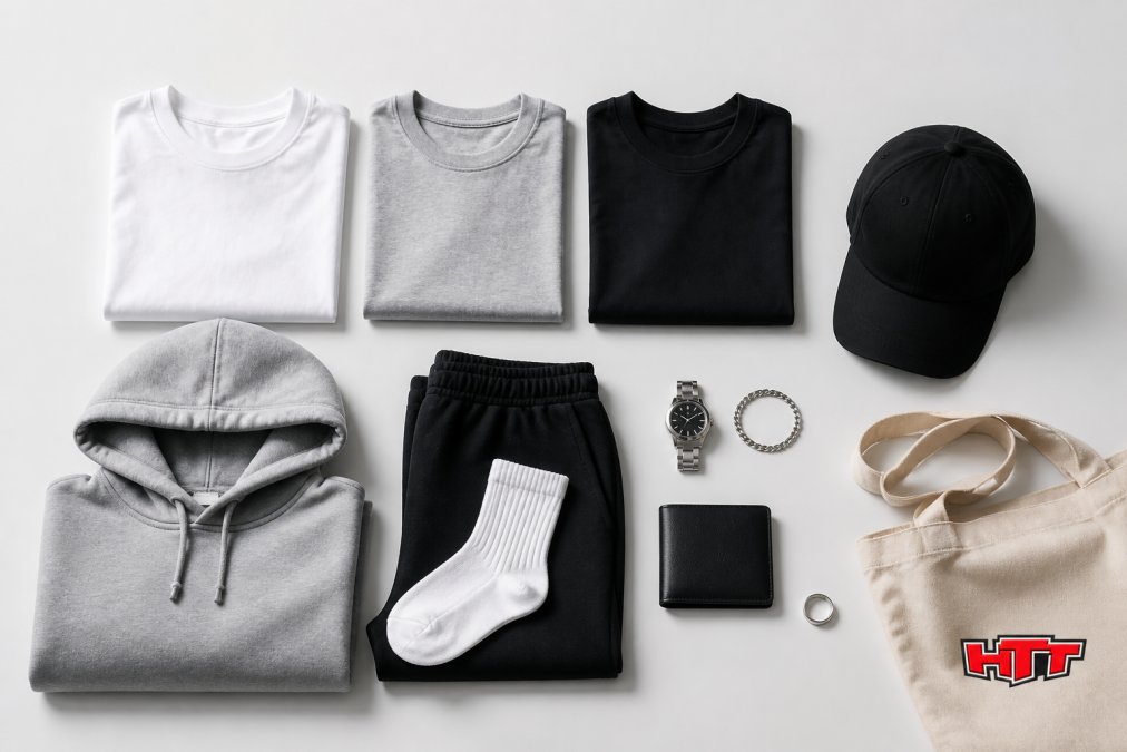 Flat lay-billede taget ovenfra af pænt foldede, minimalistiske streetwear-basics i neutrale nuancer: foldede T-shirts i hvid, grå og sort, en dad hat og enkelt tilbehør på en ren, hvid baggrund