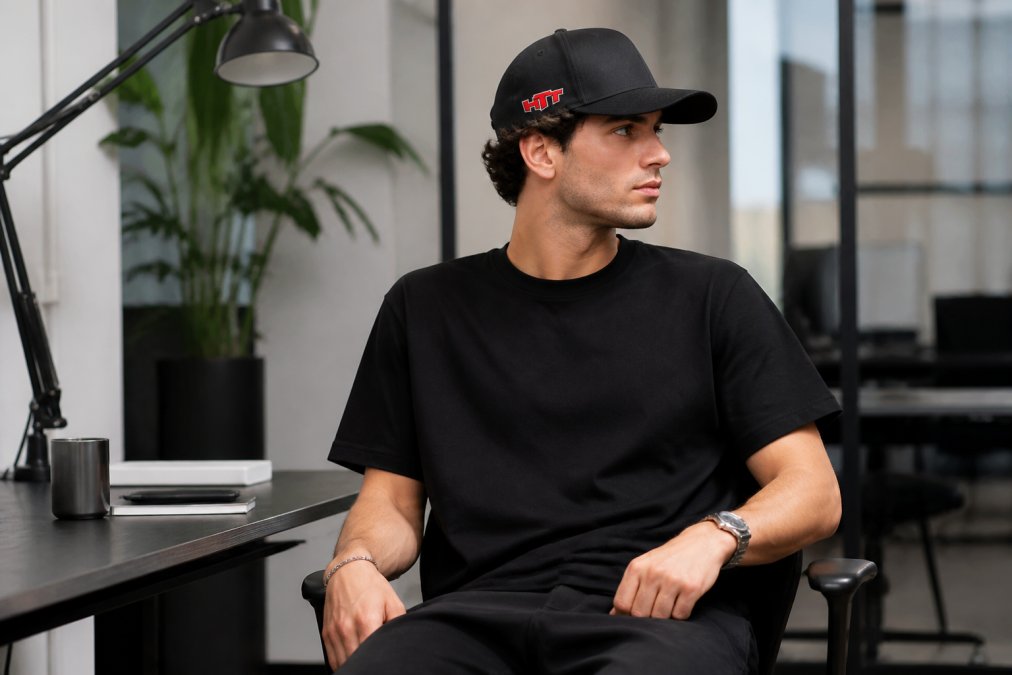 Ung voksen iført en premium T-shirt med minimalistisk design og en dad hat på et moderne kontor eller i en afslappet, professionel sammenhæng, der viser, hvordan gaminginspireret streetwear passer ind i hverdagsstilen