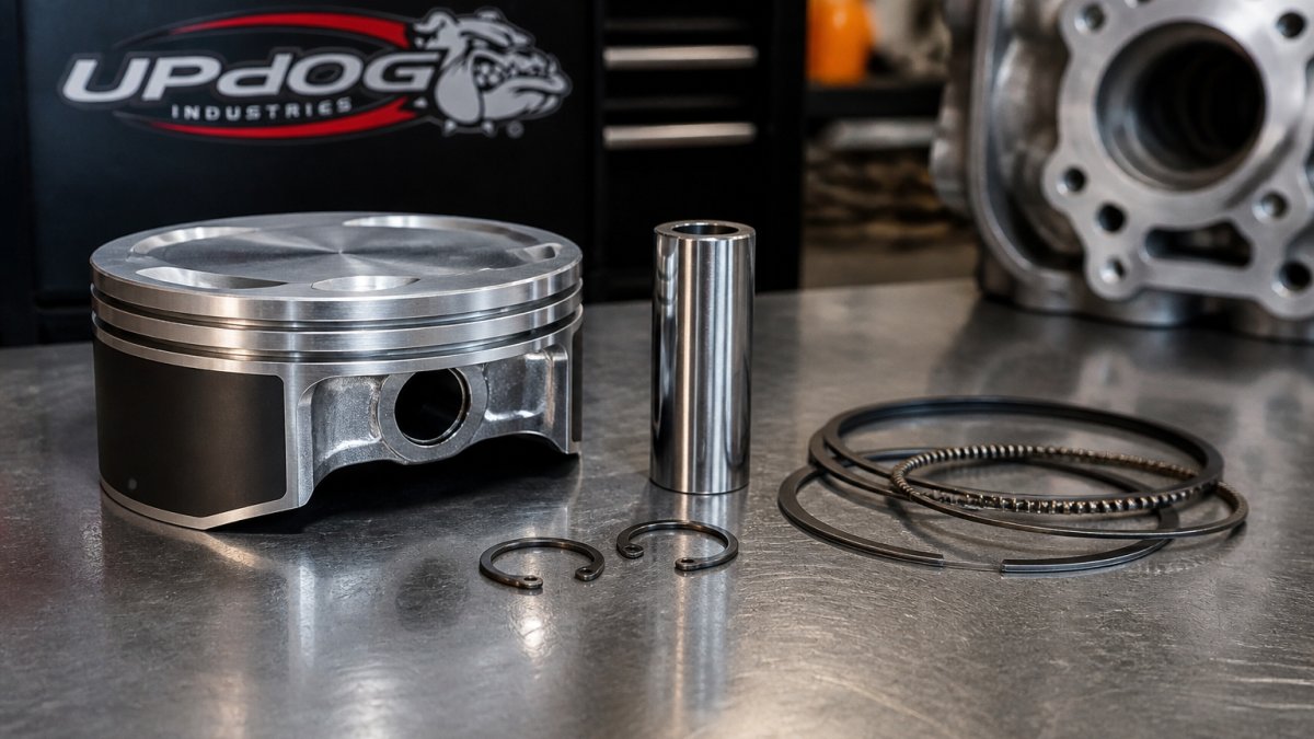 Close-up of a precision-machined piston kit components laid out on a workbench, showing the aluminum piston, wrist pin, piston rings, and circlips with professional lighting highlighting the engineering detail