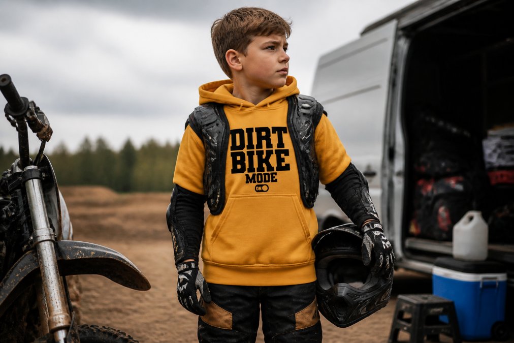 Young motocross rider wearing a premium hoodie under protective jacket and chest protector, standing trackside in full gear ready to ride