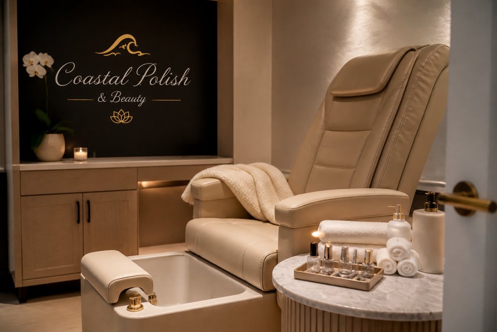 A serene private treatment room in a high-end nail salon with a plush chair, soft lighting, folded towels, and a small tray of polished tools on a marble side table