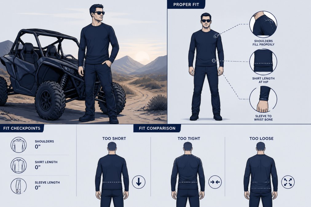 Diagram illustrating correct fit for tall riders with sleeves and hem aligned to body landmarks