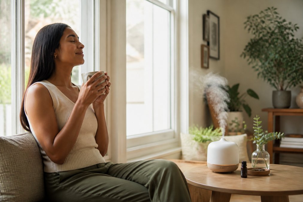 Person sitting by a window in a bright, minimalist home environment, using a diffuser with soft natural light streaming in, appearing calm and relaxed