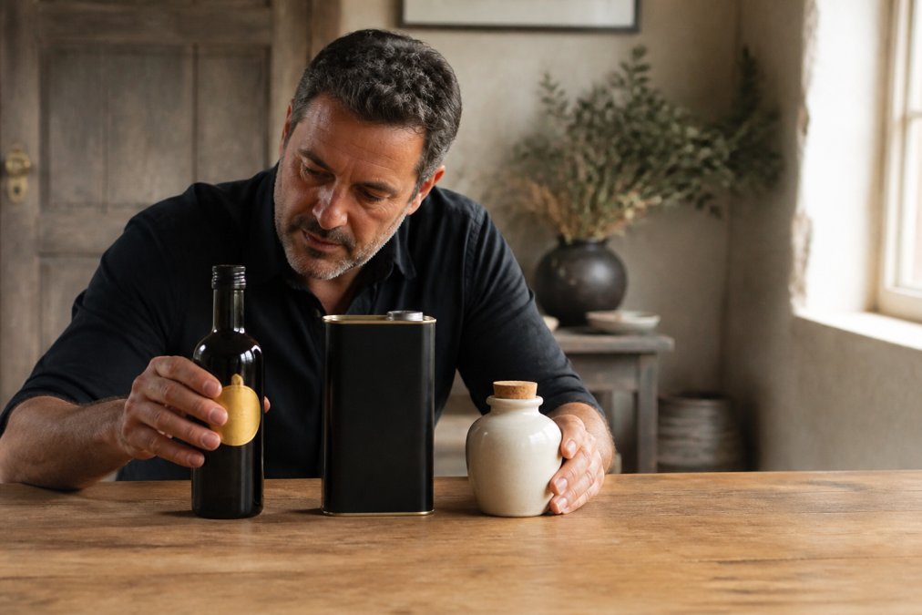 Close-up van drie verschillende olijfolie verpakkingen naast elkaar op een houten tafel, een donkere glazen fles met gouden etiket, een matzwart blik met minimalistisch design, en een kleine keramieke pot met kurken dop, zacht natuurlijk licht van opzij