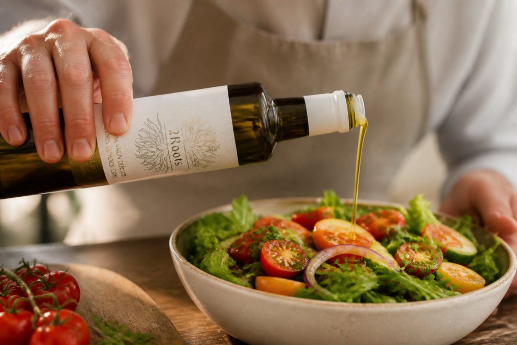 Professionele handen die premium olijfolie voorzichtig over een verse salade met gekleurde groenten drizzelen onder warm natuurlijk licht, waarbij de gouden kleur van de olie goed zichtbaar is