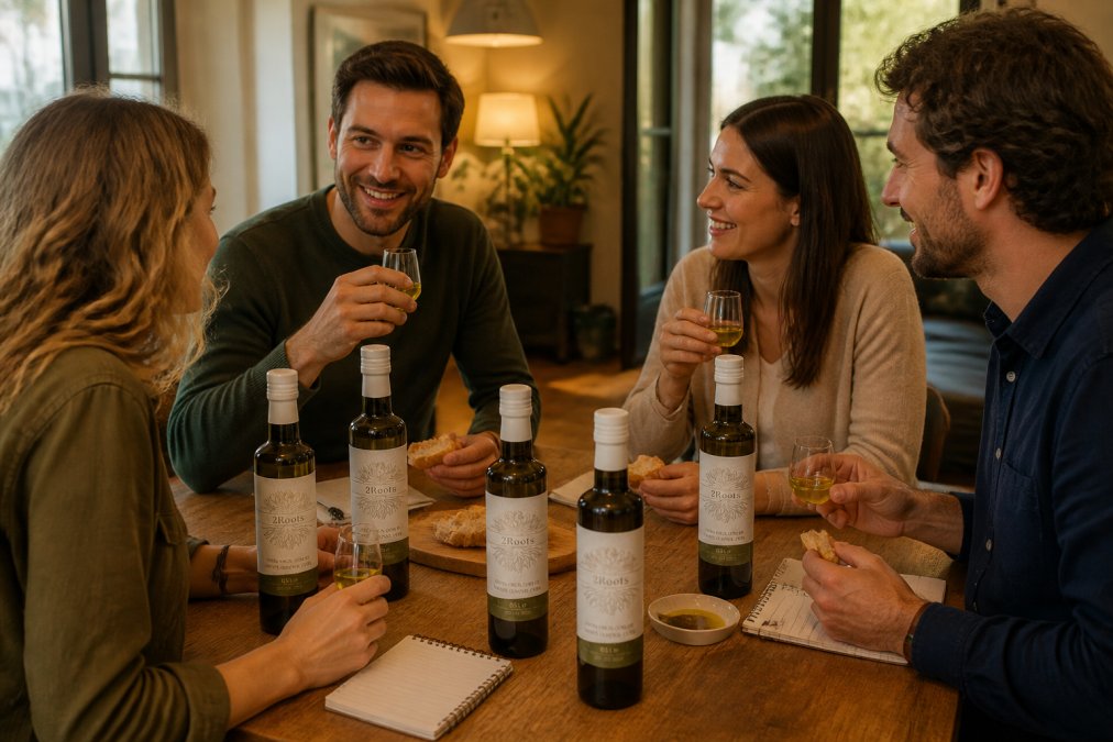 Groep van vier personen zittend rond een houten tafel, elk met een klein glas olijfolie en een stukje brood, notitieblok en verschillende flessen olijfolie zichtbaar, warm lampenlicht in een huiselijke setting
