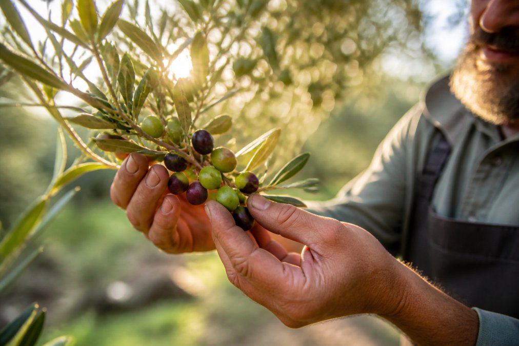 Close-up van rijpe olijven in verschillende tinten groen en paars aan een tak, met zonlicht erdoorheen dat de natuurlijke glans toont, tegen een wazig groene achtergrond van de olijfboomgaard