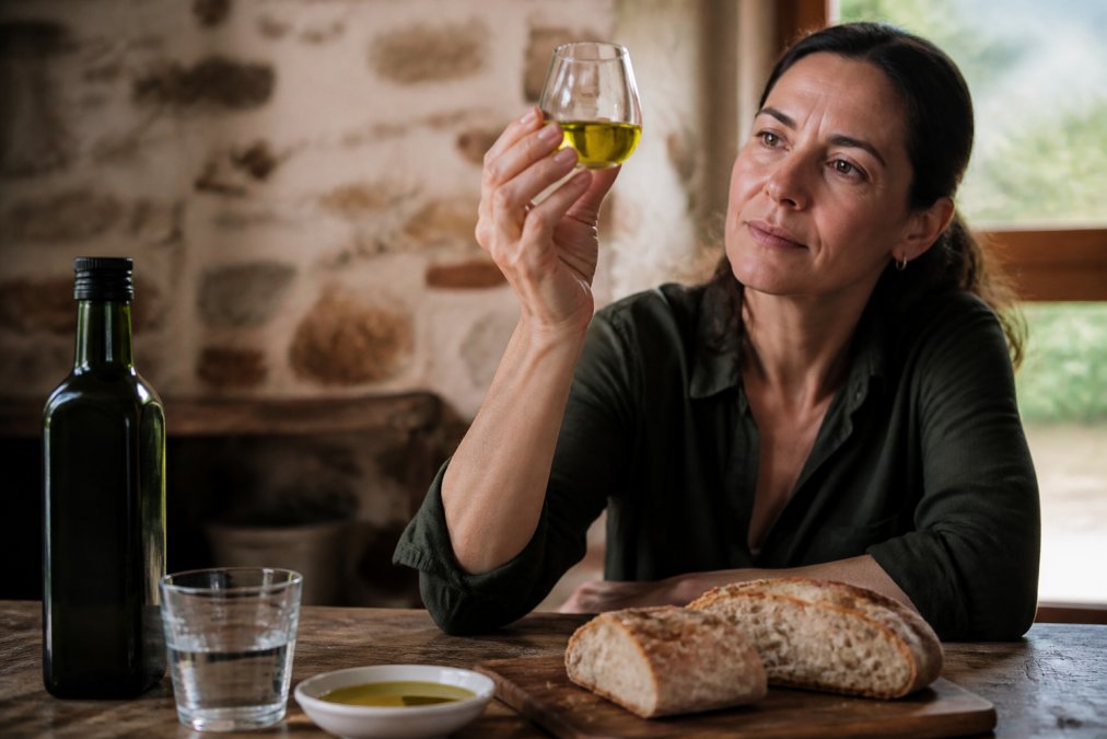 Hand die een helder glas premium olijfolie vasthoudt tegen het licht, met zichtbare groene kleur en helderheid, staande op een rustieke houten tafel met een stuk brood en een kleine schaal ernaast