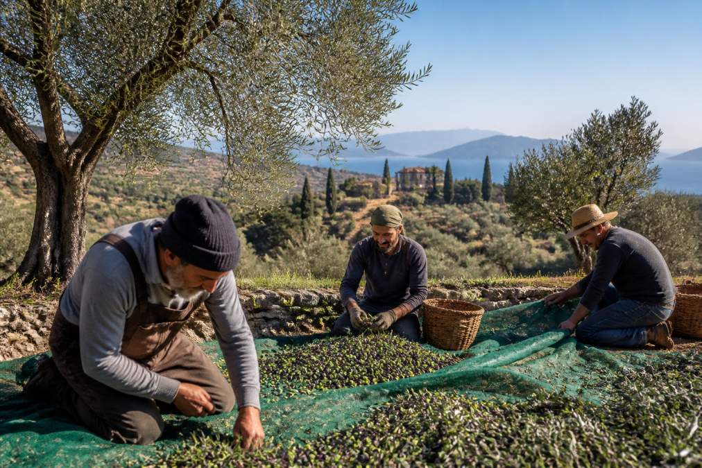 Close-up van drie verschillende olijfbomen in hun natuurlijke landschappen: groene Griekse heuvels met stenen terrassen, Italiaanse boerderijen omgeven door cipressen en warm zonlicht, en Spaanse plantages met rijen olijven onder heldere hemel