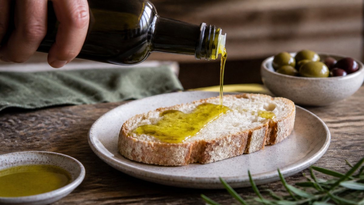 A hand pouring deep green extra virgin olive oil from a dark glass bottle onto a slice of crusty sourdough bread on a rustic timber kitchen bench, with a small bowl of olives and a sprig of rosemary nearby