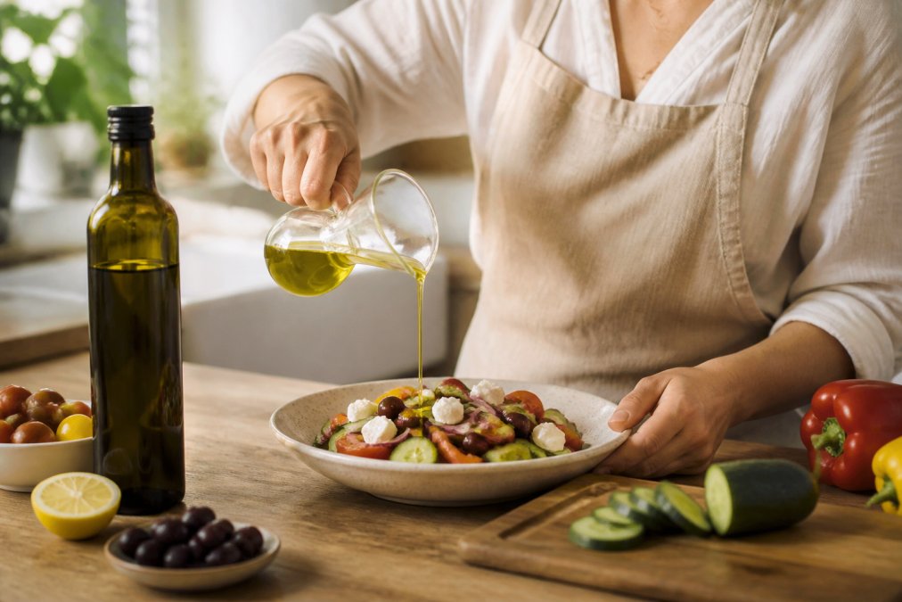 Home cook drizzling vibrant green olive oil over a fresh Mediterranean salad in a bright kitchen setting