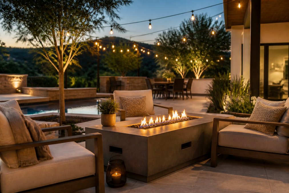 An elegant backyard setting at dusk with a contemporary gas fire pit table as the centerpiece, surrounded by premium outdoor lounge chairs and ambient string lighting overhead
