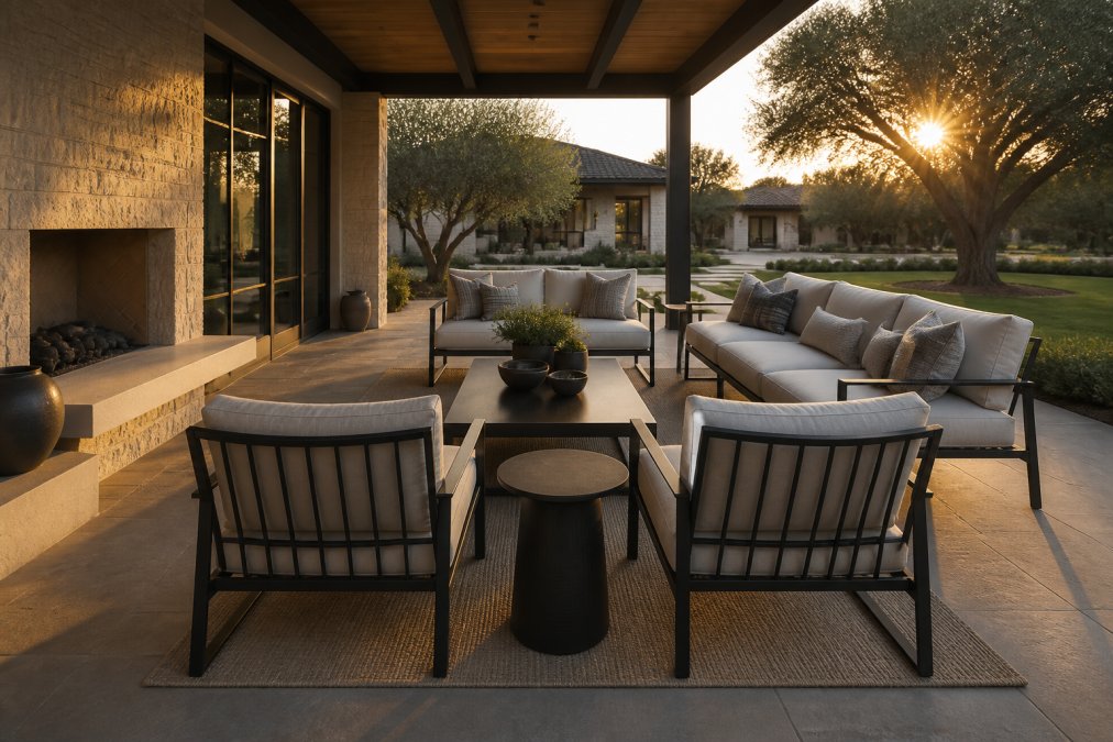 Luxurious outdoor lounge setting with powder-coated metal furniture arranged around contemporary garden, soft afternoon light casting long shadows across entertaining space